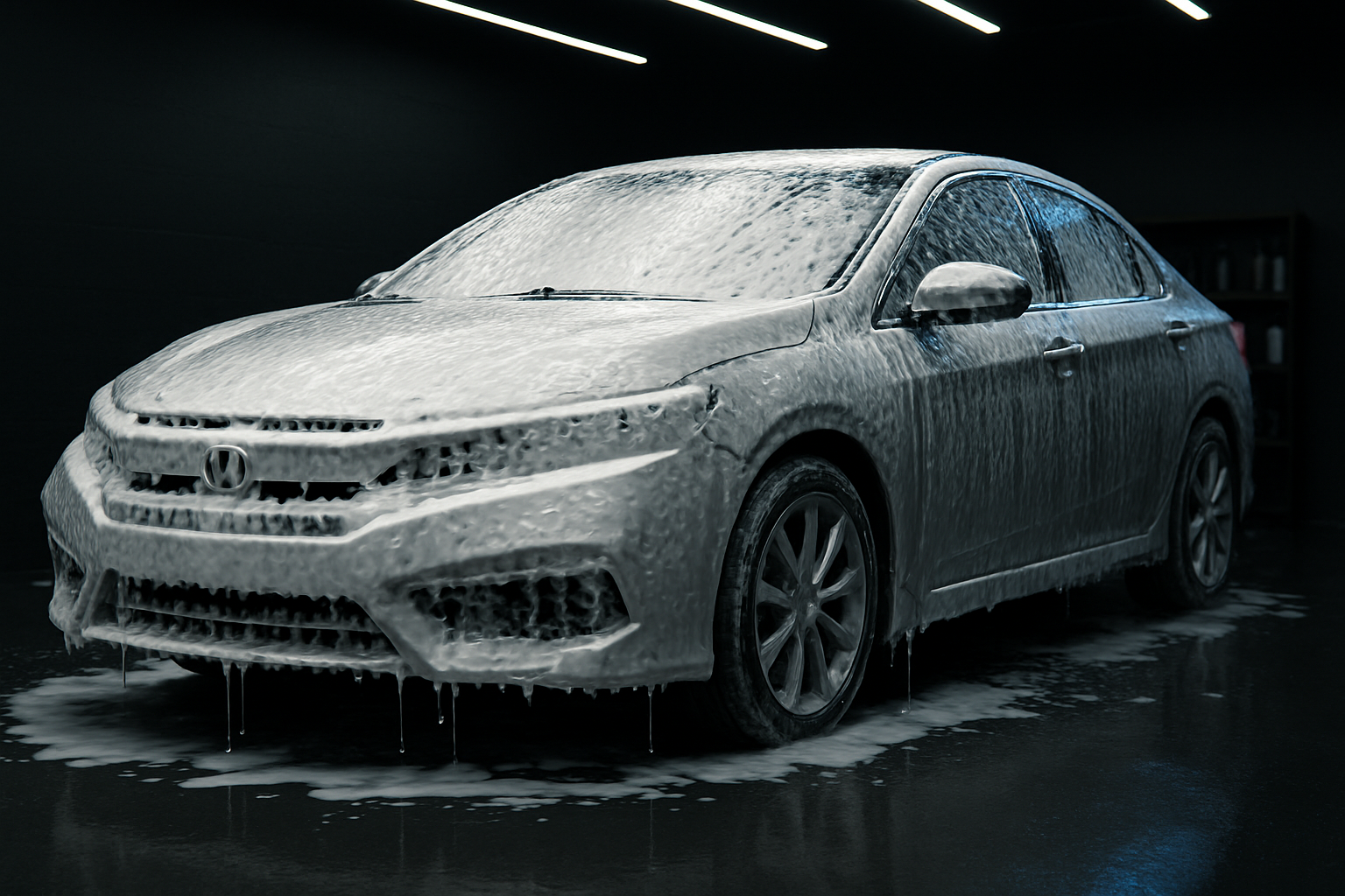 Silver Civic covered in thick white snow foam during a pre-wash in a dark modern