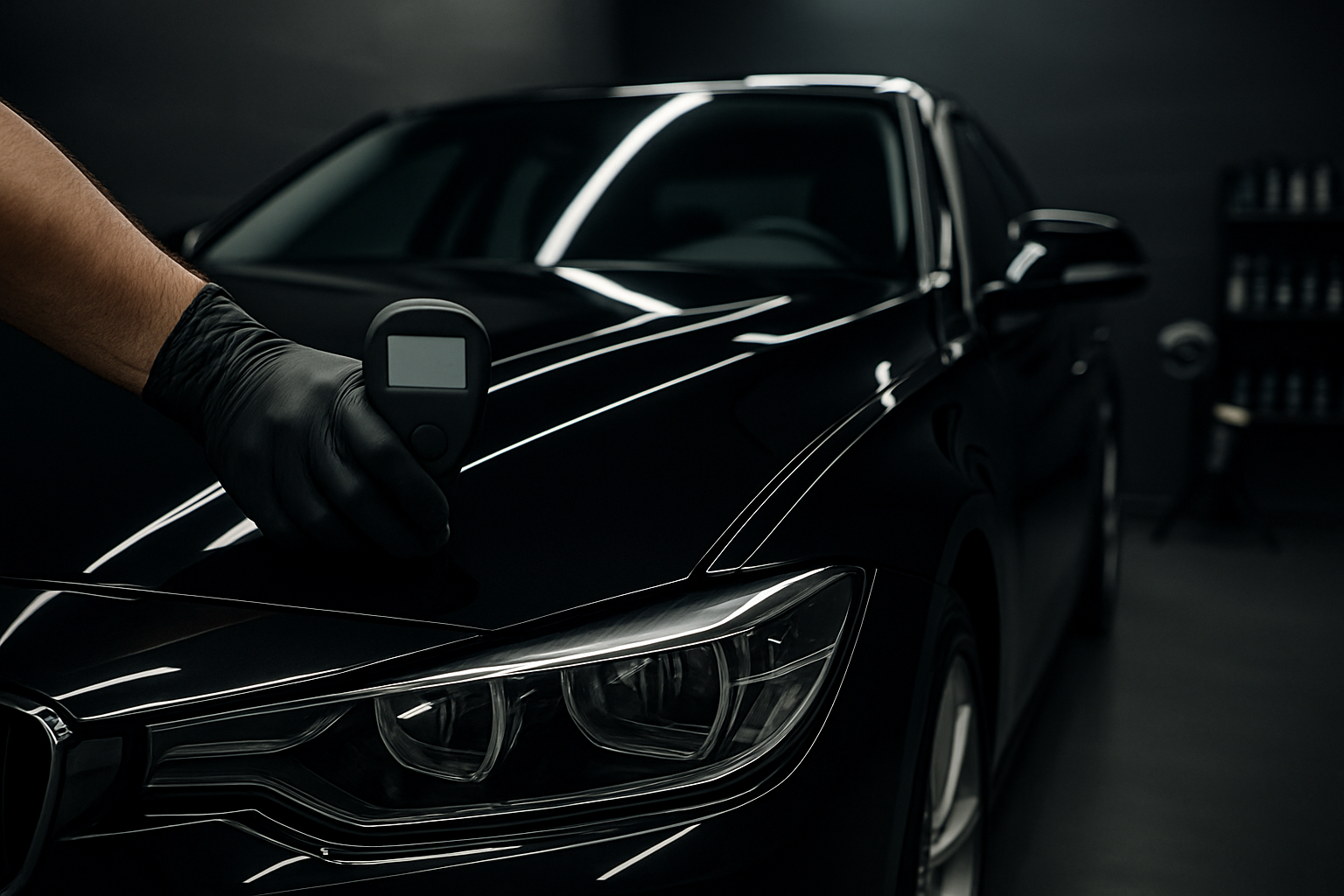 Gloved detailer holding a paint depth gauge against the glossy black bonnet