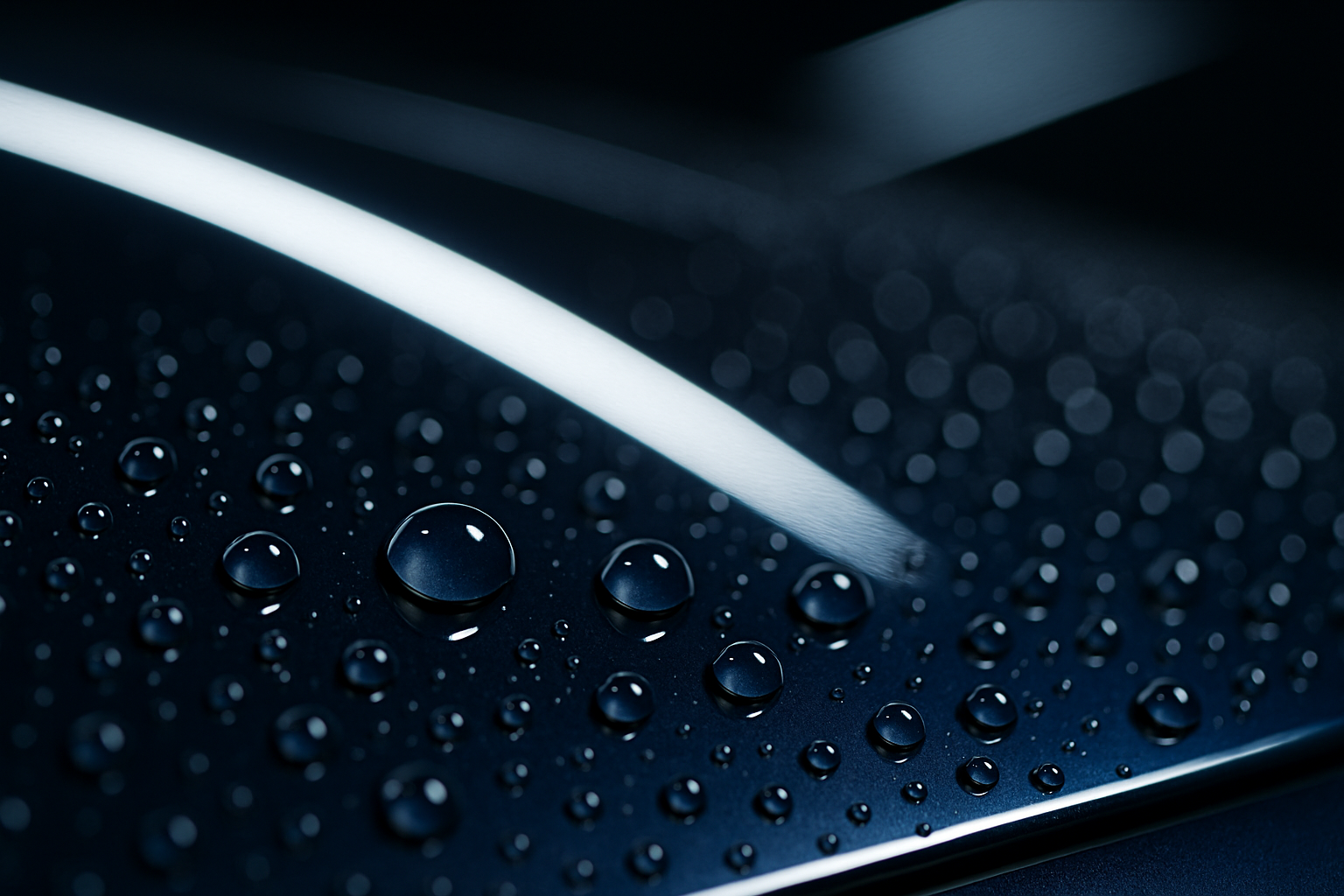 Macro of tight water beads on a freshly ceramic-coated dark-blue bonnet