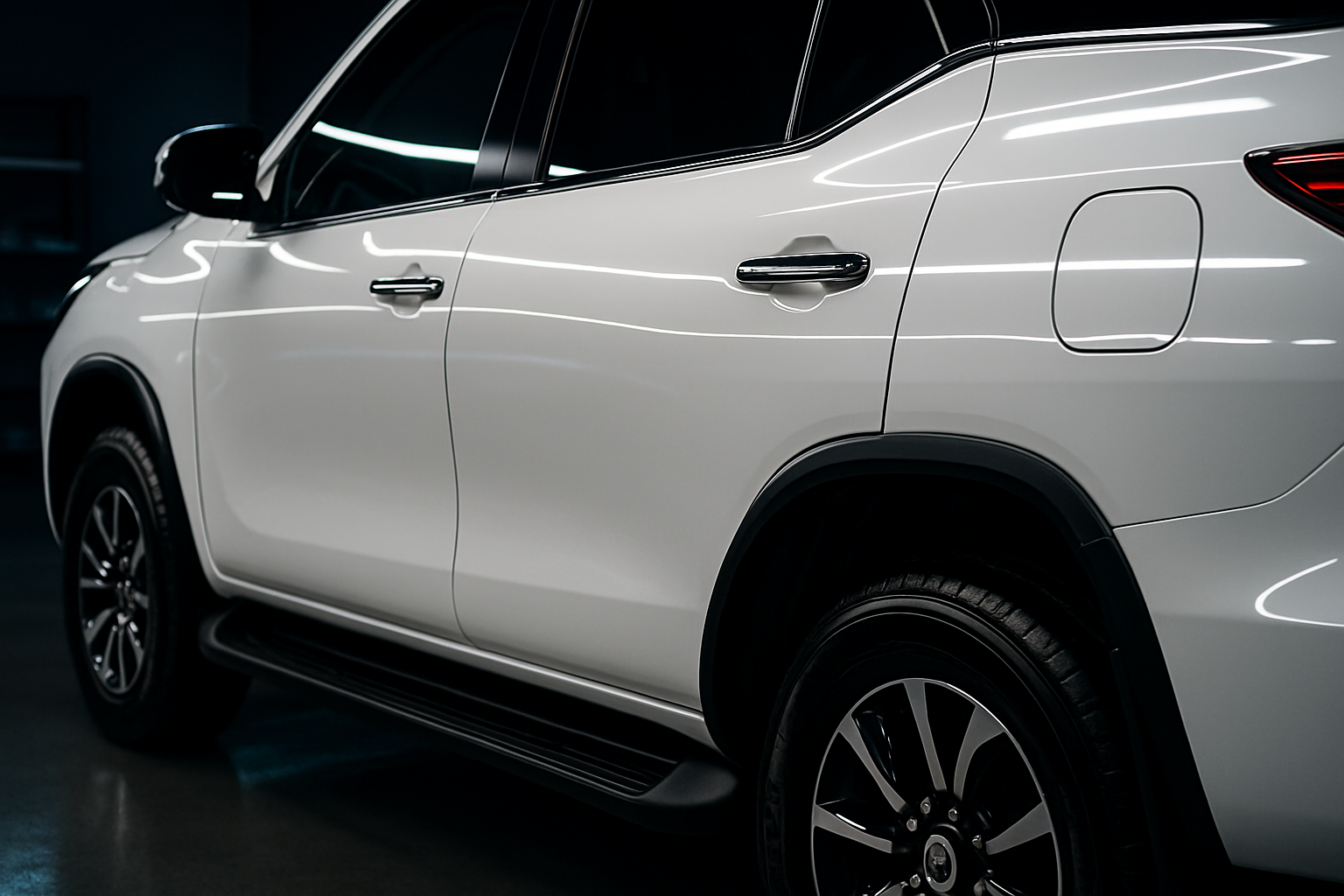 After: The same white Toyota Fortuner side panel after paint correction