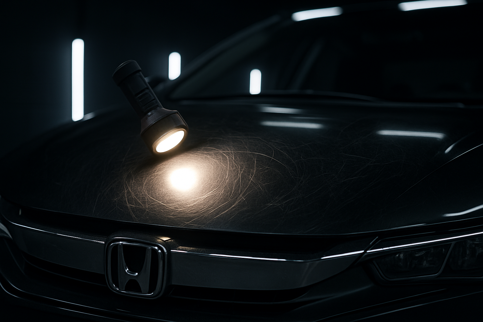 Before: Black Honda Civic bonnet under a dark studio inspection light