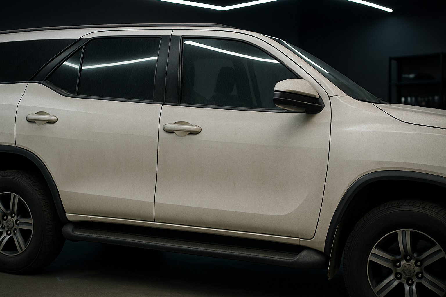 Before: White Toyota Fortuner side panel in the detailing studio