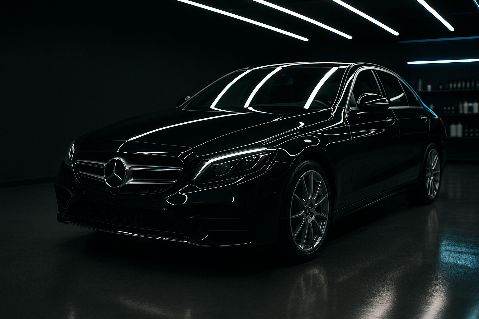 Gloss black Mercedes sedan in three-quarter front view inside a dark detailing