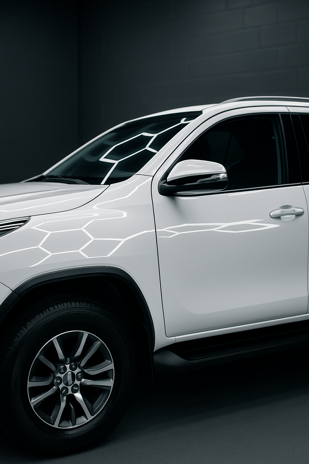 After: The same white Toyota Fortuner door after machine polishing