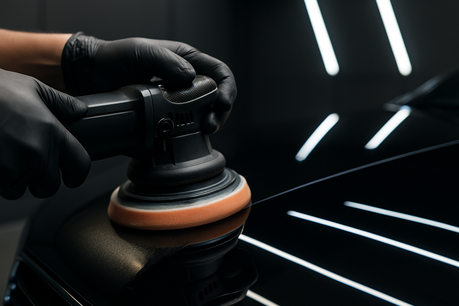 100mm macro of a dual-action polisher working across black car paint