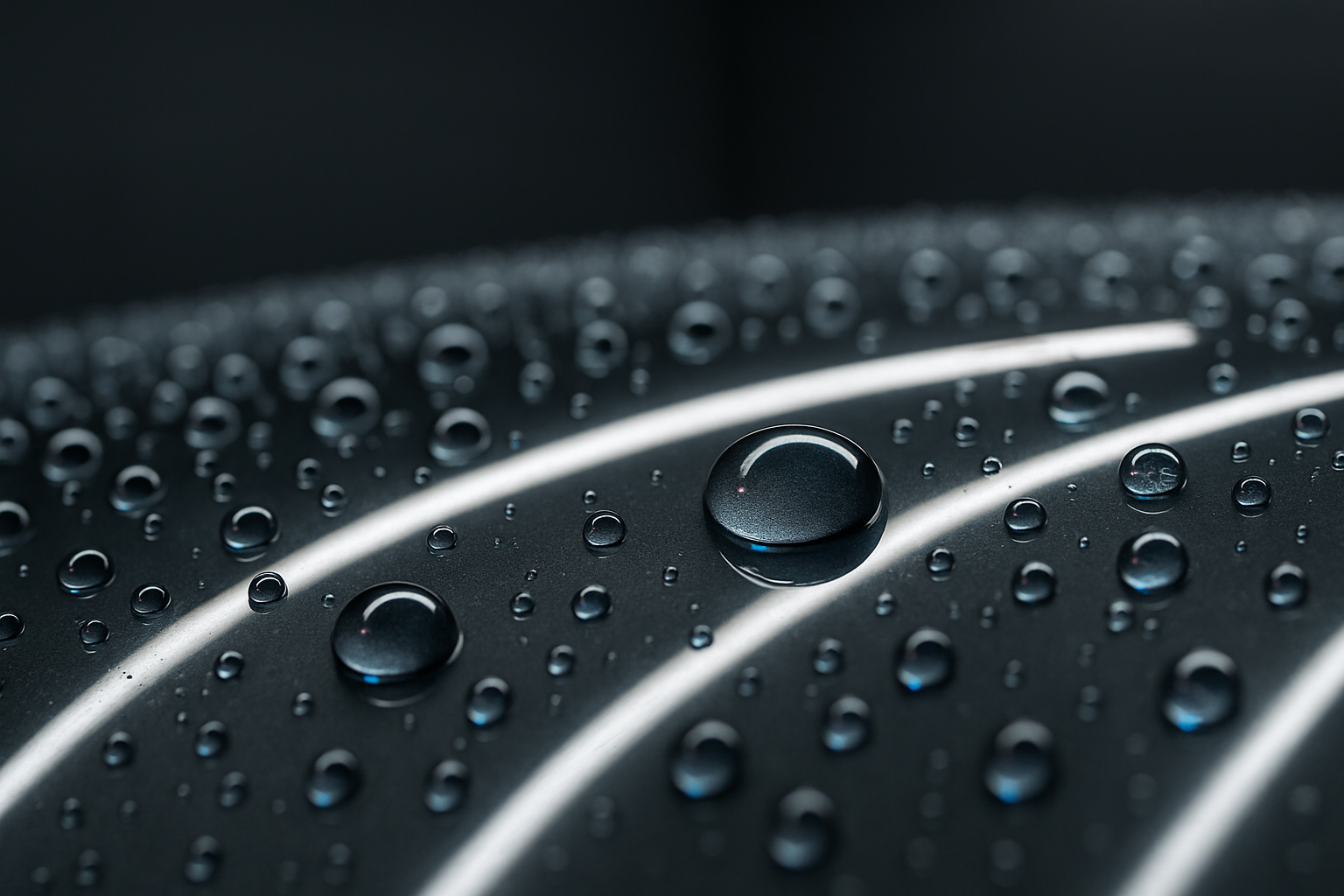 Macro of tight water beads on a ceramic-coated graphite BMW bonnet