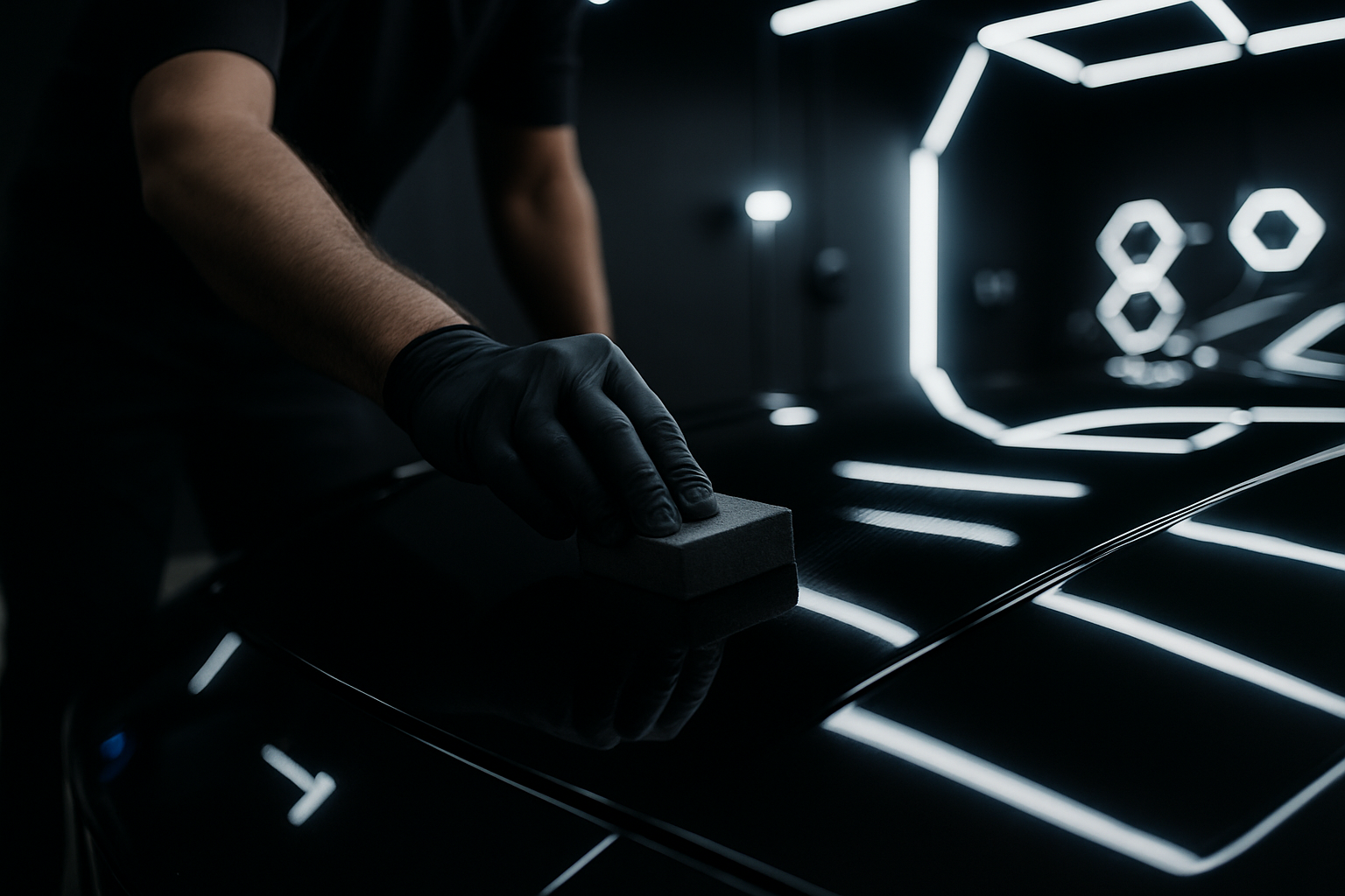 Gloved detailer's hand applying ceramic coating with an applicator pad