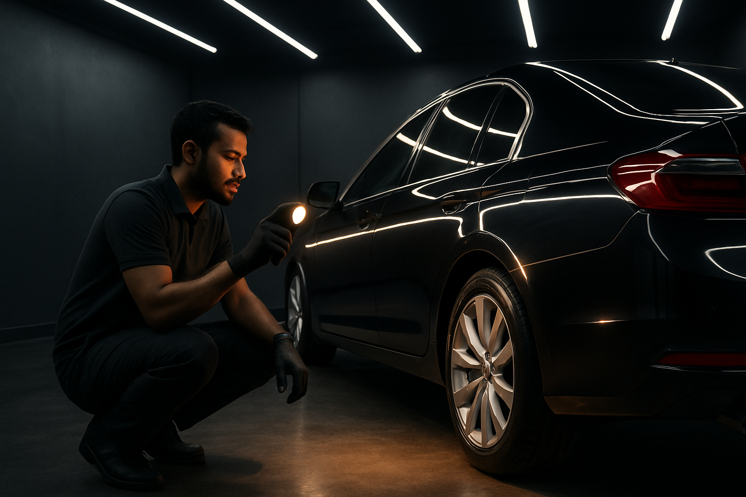 Detailer in nitrile gloves inspecting the paint of a black car
